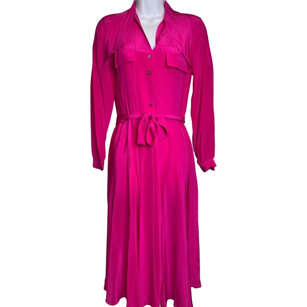 Vintage 80s Glam JACK MULQUEEN Womens Fuchsia Silk Midi Belted Shirt Dress 4